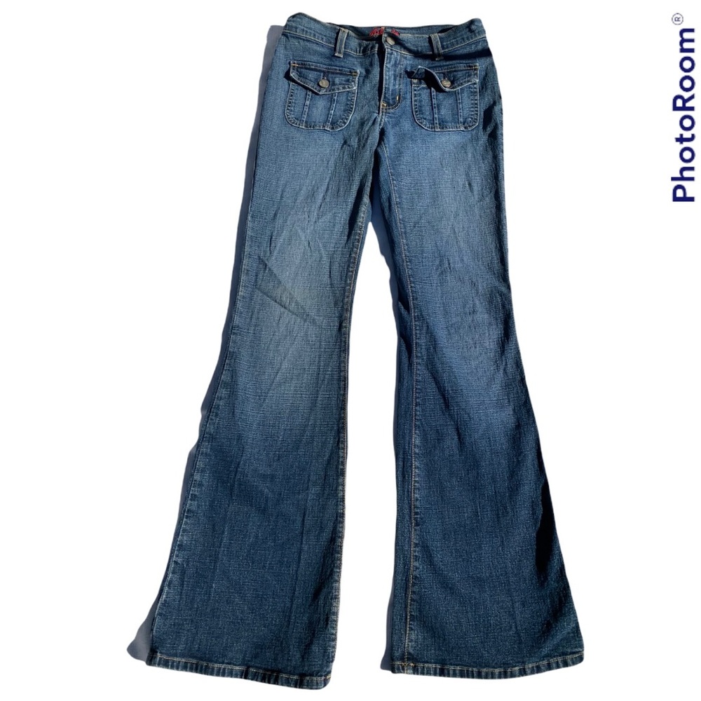 VINTAGE BLUE CULT BOHO HIPSTER FITTED HIGH RISE WIDE LEG FLARE BLUE JEANS - Picture 3 of 15